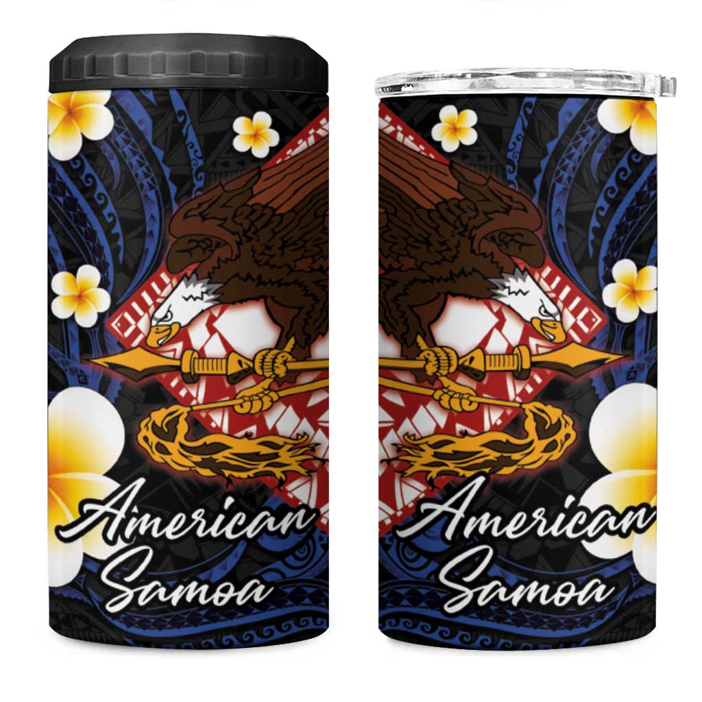 American Samoa Flag Day 4 in 1 Can Cooler Tumbler Polynesian Tatau Art and Plumeria