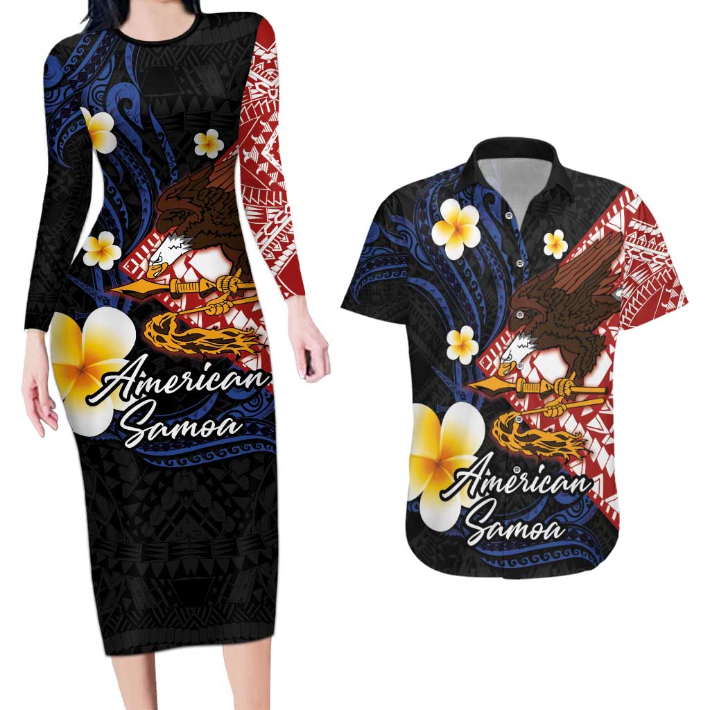 American Samoa Flag Day Couples Matching Long Sleeve Bodycon Dress and Hawaiian Shirt Polynesian Tatau Art and Plumeria