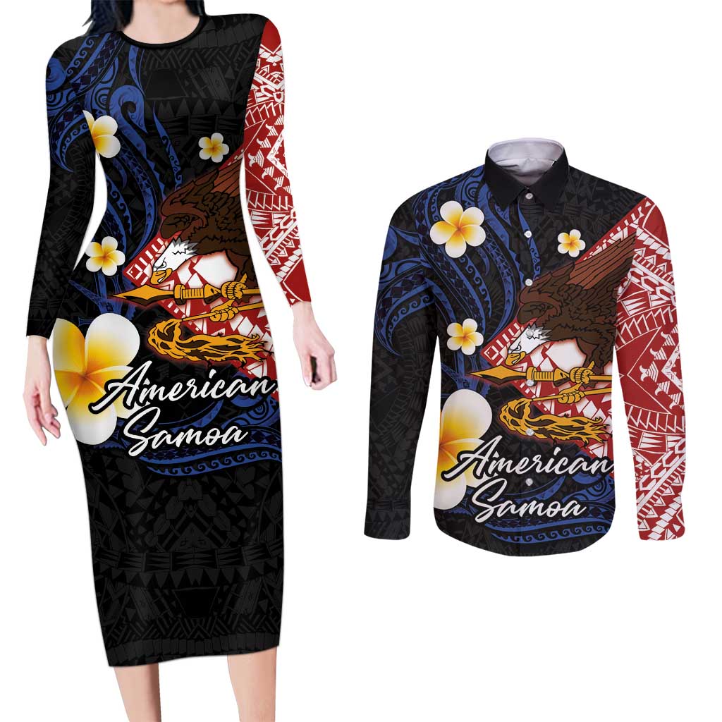 American Samoa Flag Day Couples Matching Long Sleeve Bodycon Dress and Long Sleeve Button Shirt Polynesian Tatau Art and Plumeria