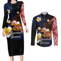 American Samoa Flag Day Couples Matching Long Sleeve Bodycon Dress and Long Sleeve Button Shirt Polynesian Tatau Art and Plumeria