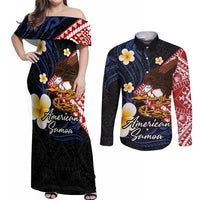 American Samoa Flag Day Couples Matching Off Shoulder Maxi Dress and Long Sleeve Button Shirt Polynesian Tatau Art and Plumeria