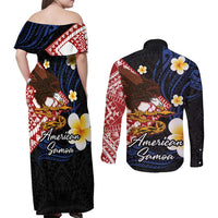 American Samoa Flag Day Couples Matching Off Shoulder Maxi Dress and Long Sleeve Button Shirt Polynesian Tatau Art and Plumeria