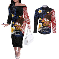 American Samoa Flag Day Couples Matching Off The Shoulder Long Sleeve Dress and Long Sleeve Button Shirt Polynesian Tatau Art and Plumeria