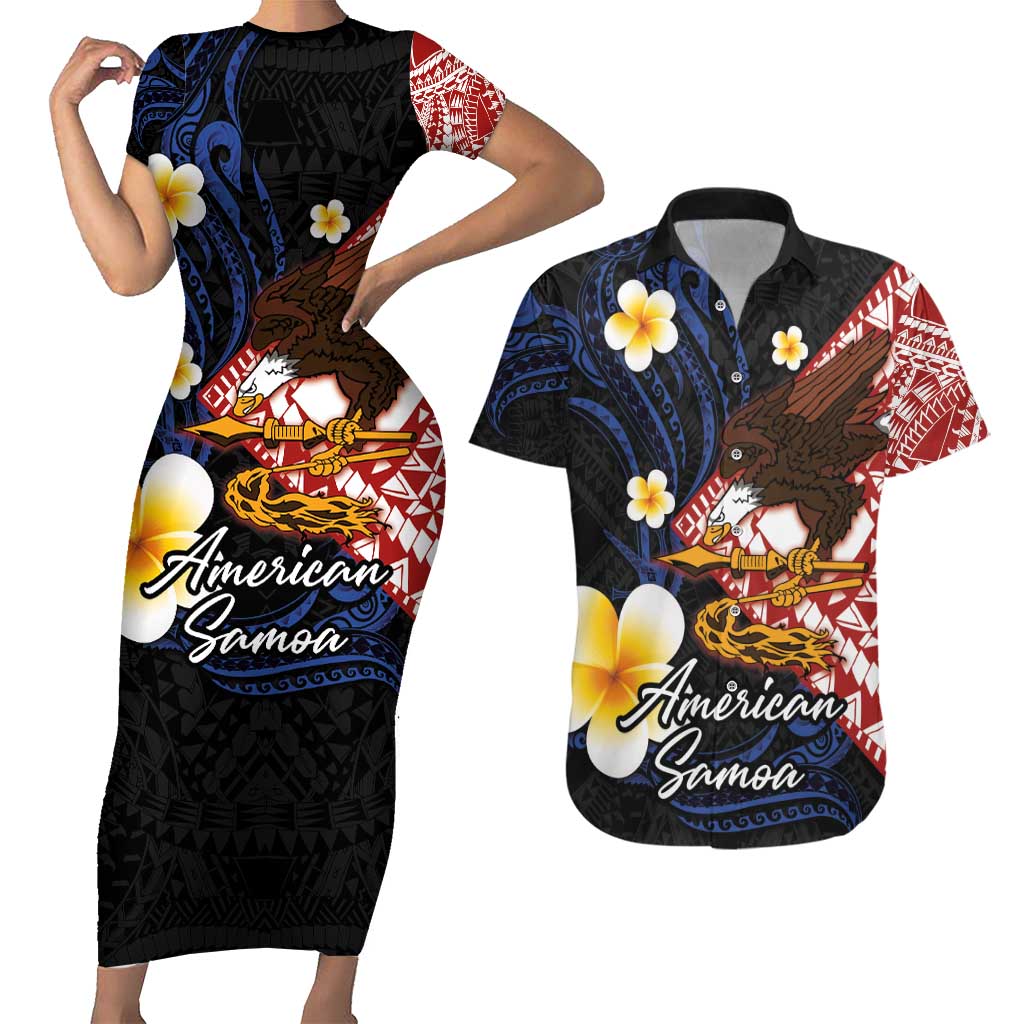 American Samoa Flag Day Couples Matching Short Sleeve Bodycon Dress and Hawaiian Shirt Polynesian Tatau Art and Plumeria