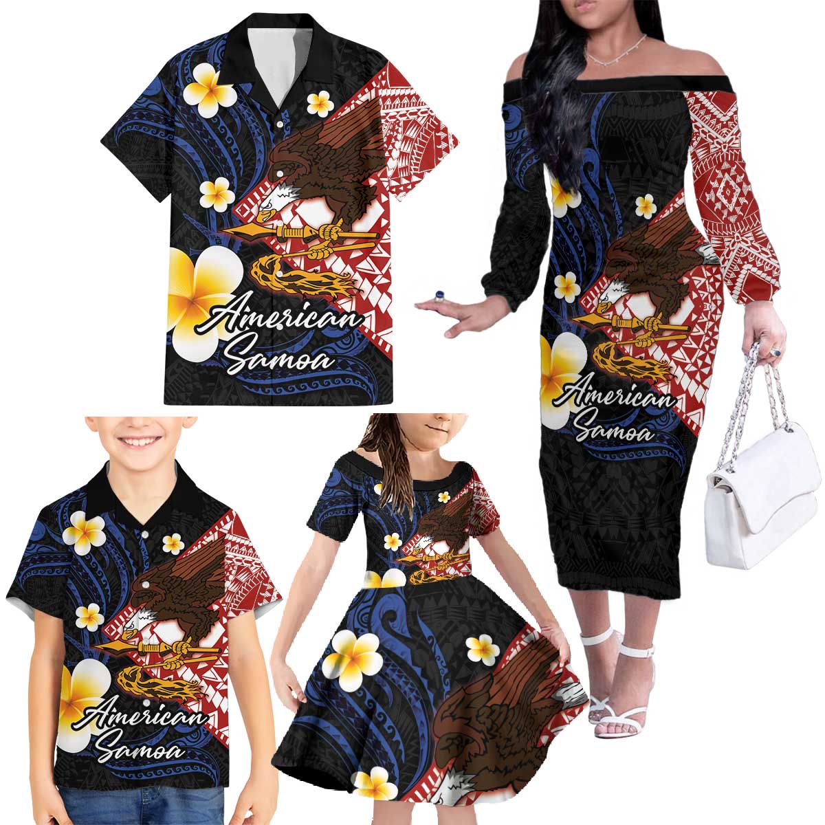 American Samoa Flag Day Family Matching Off The Shoulder Long Sleeve Dress and Hawaiian Shirt Polynesian Tatau Art and Plumeria