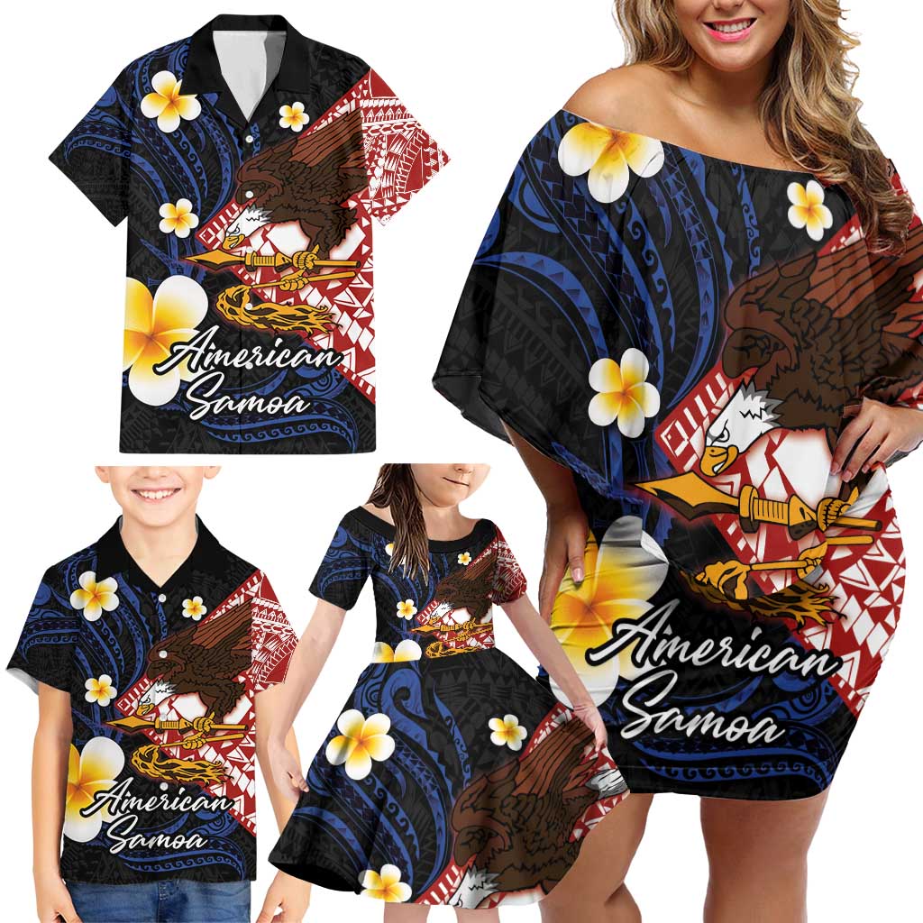 American Samoa Flag Day Family Matching Off Shoulder Short Dress and Hawaiian Shirt Polynesian Tatau Art and Plumeria