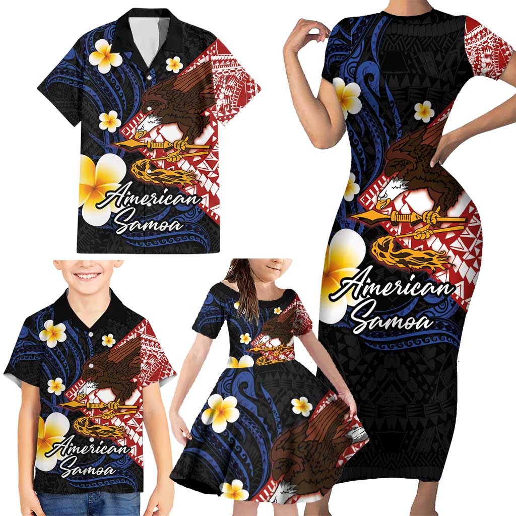 American Samoa Flag Day Family Matching Short Sleeve Bodycon Dress and Hawaiian Shirt Polynesian Tatau Art and Plumeria