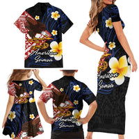 American Samoa Flag Day Family Matching Short Sleeve Bodycon Dress and Hawaiian Shirt Polynesian Tatau Art and Plumeria