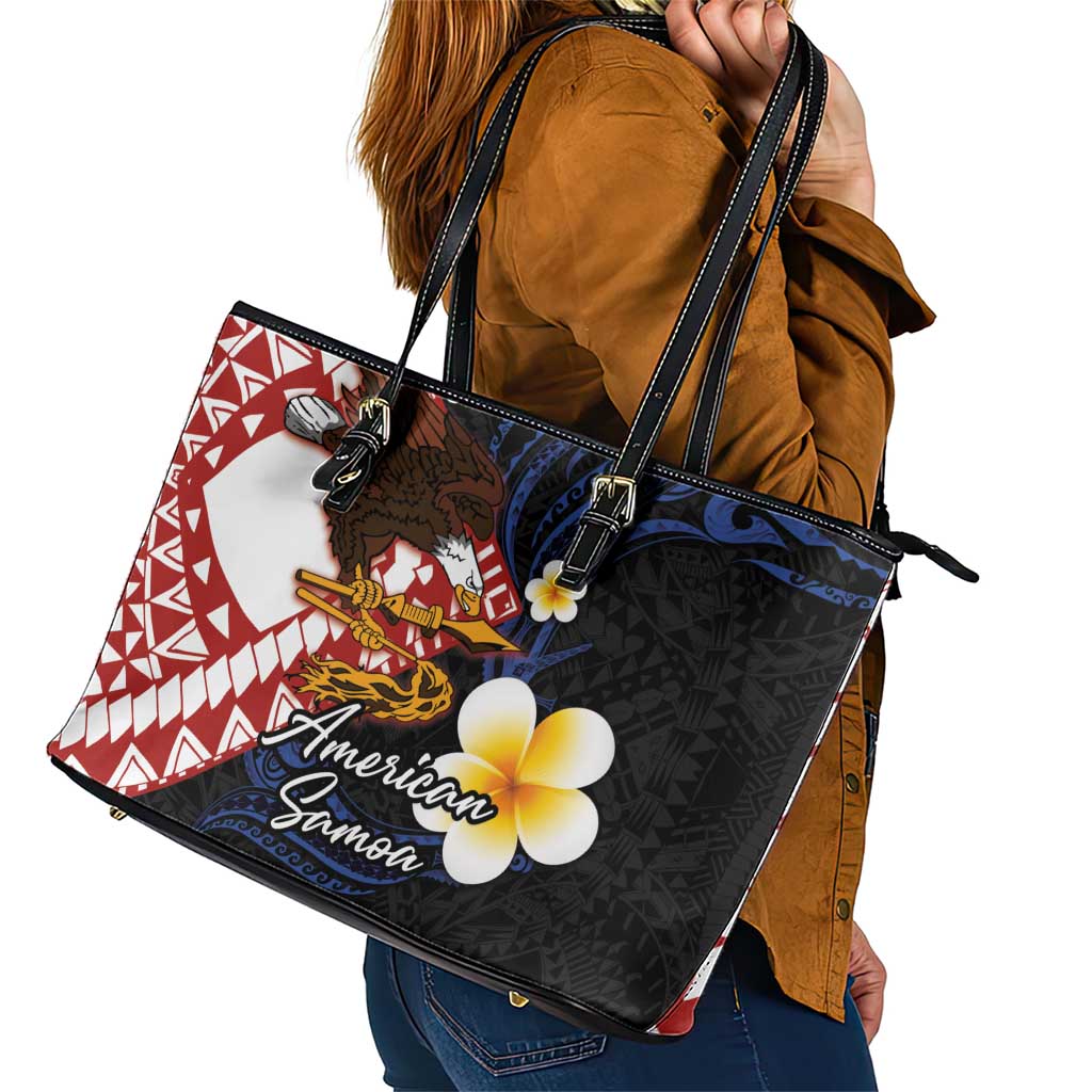 American Samoa Flag Day Leather Tote Bag Polynesian Tatau Art and Plumeria
