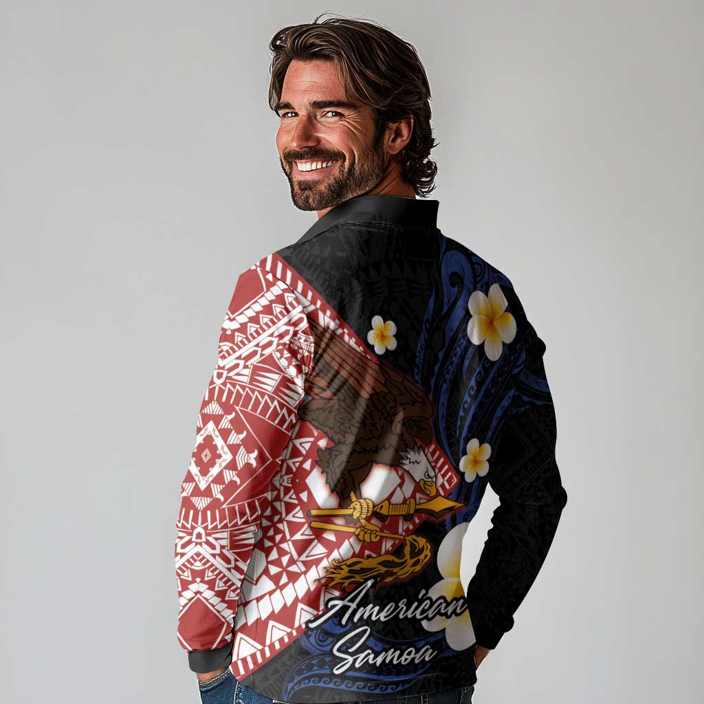 American Samoa Flag Day Long Sleeve Polo Shirt Polynesian Tatau Art and Plumeria