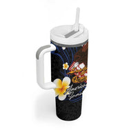 American Samoa Flag Day Tumbler With Handle Polynesian Tatau Art and Plumeria