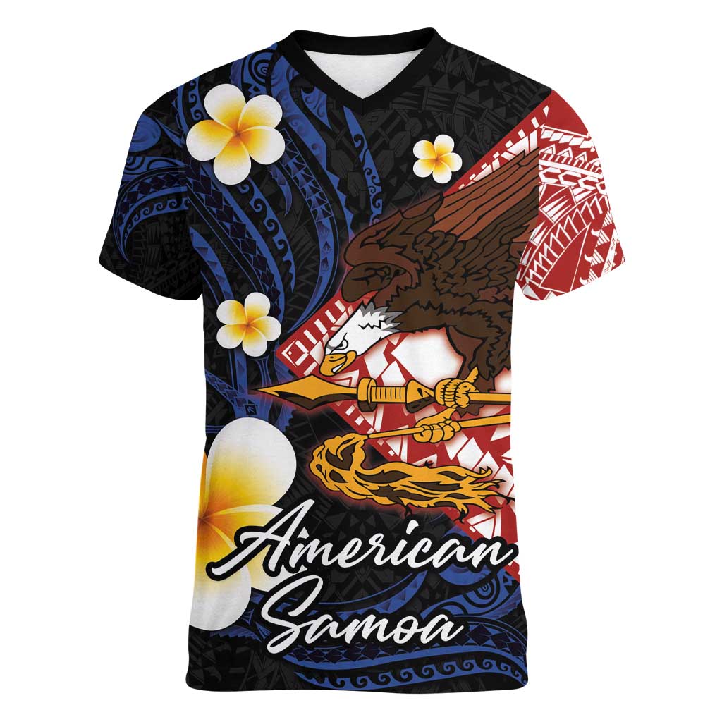 American Samoa Flag Day Women V-Neck T-Shirt Polynesian Tatau Art and Plumeria