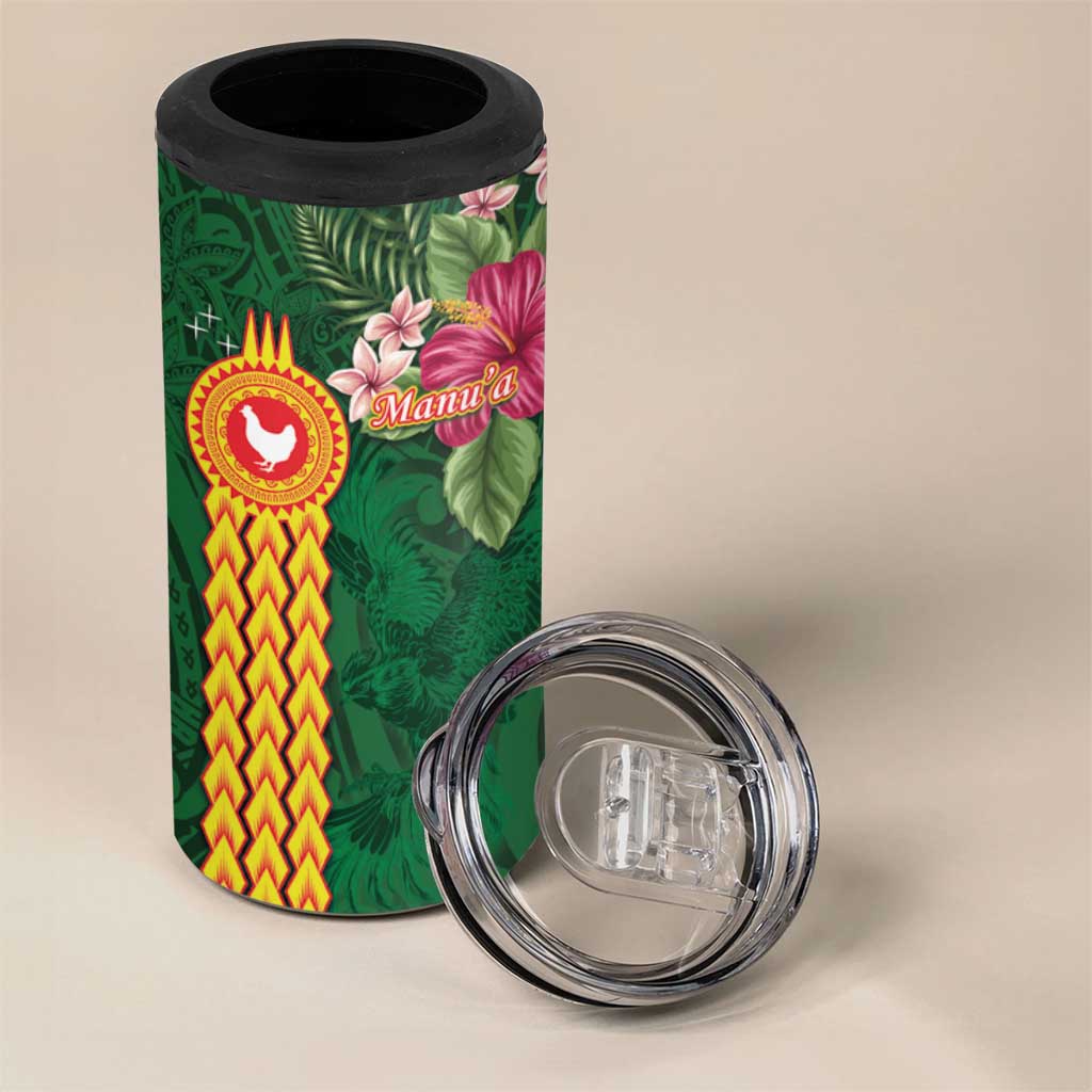 Manu'a 4 in 1 Can Cooler Tumbler Polynesian Style with Rooster Tattoo and Tropical Plants