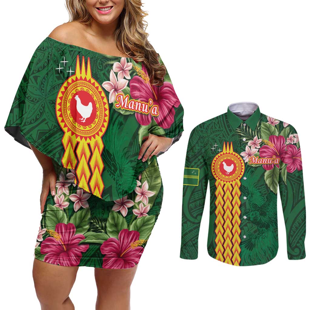 Manuʻa Islands Couples Matching Off Shoulder Short Dress and Long Sleeve Button Shirt Polynesian Style with Rooster Tattoo and Tropical Plants