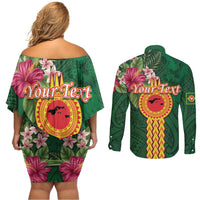 Manuʻa Islands Couples Matching Off Shoulder Short Dress and Long Sleeve Button Shirt Polynesian Style with Rooster Tattoo and Tropical Plants