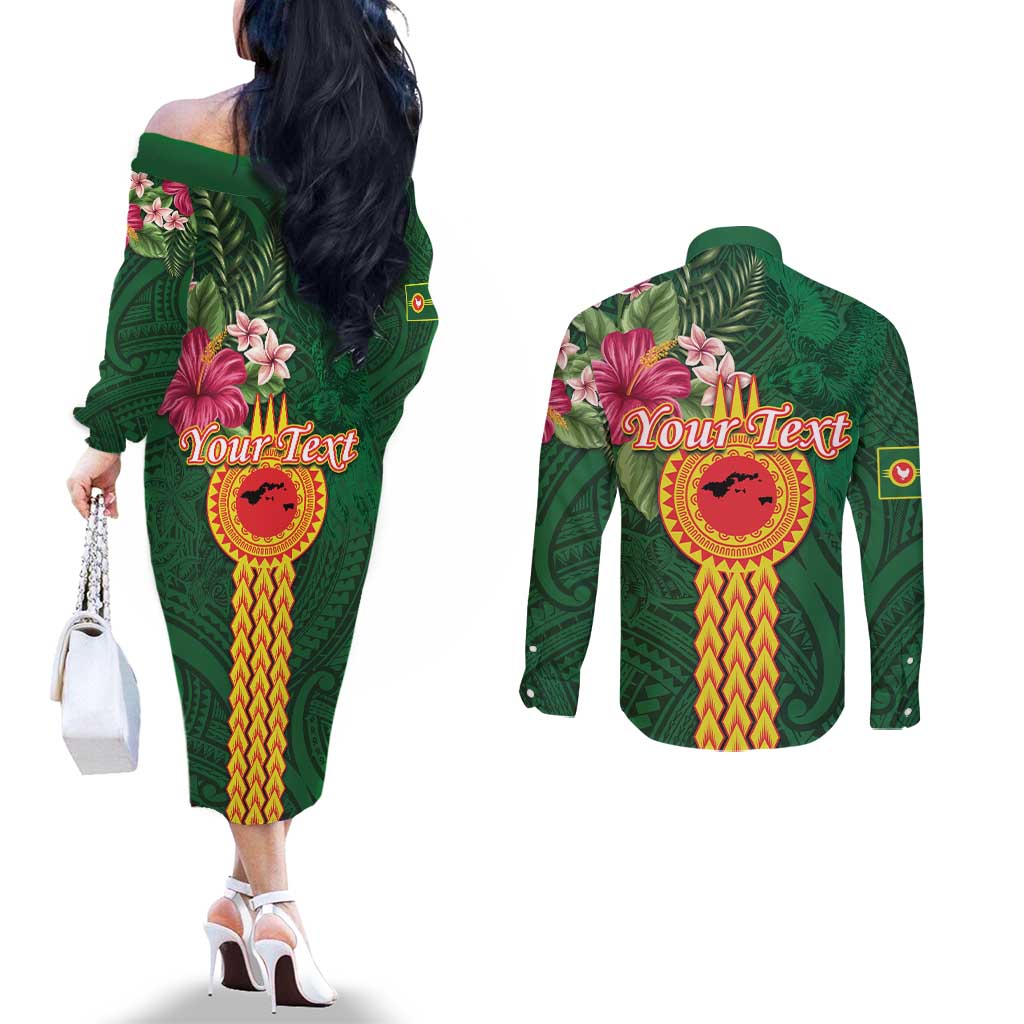Manuʻa Islands Couples Matching Off The Shoulder Long Sleeve Dress and Long Sleeve Button Shirt Polynesian Style with Rooster Tattoo and Tropical Plants