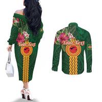 Manuʻa Islands Couples Matching Off The Shoulder Long Sleeve Dress and Long Sleeve Button Shirt Polynesian Style with Rooster Tattoo and Tropical Plants