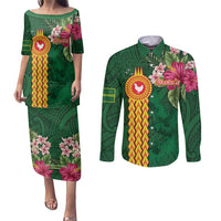 Personalised Manuʻa Islands Couples Matching Puletasi and Long Sleeve Button Shirt Polynesian Style with Rooster Tattoo and Tropical Plants LT03 Green - Polynesian Pride