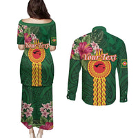 Personalised Manuʻa Islands Couples Matching Puletasi and Long Sleeve Button Shirt Polynesian Style with Rooster Tattoo and Tropical Plants LT03 - Polynesian Pride