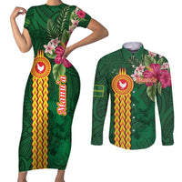 Manuʻa Islands Couples Matching Short Sleeve Bodycon Dress and Long Sleeve Button Shirt Polynesian Style with Rooster Tattoo and Tropical Plants