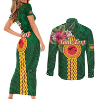 Manuʻa Islands Couples Matching Short Sleeve Bodycon Dress and Long Sleeve Button Shirt Polynesian Style with Rooster Tattoo and Tropical Plants