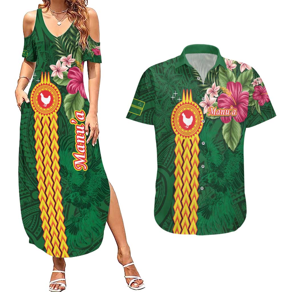 Manuʻa Islands Couples Matching Summer Maxi Dress and Hawaiian Shirt Polynesian Style with Rooster Tattoo and Tropical Plants