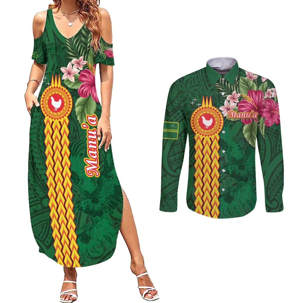Manuʻa Islands Couples Matching Summer Maxi Dress and Long Sleeve Button Shirt Polynesian Style with Rooster Tattoo and Tropical Plants