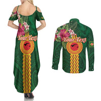 Manuʻa Islands Couples Matching Summer Maxi Dress and Long Sleeve Button Shirt Polynesian Style with Rooster Tattoo and Tropical Plants