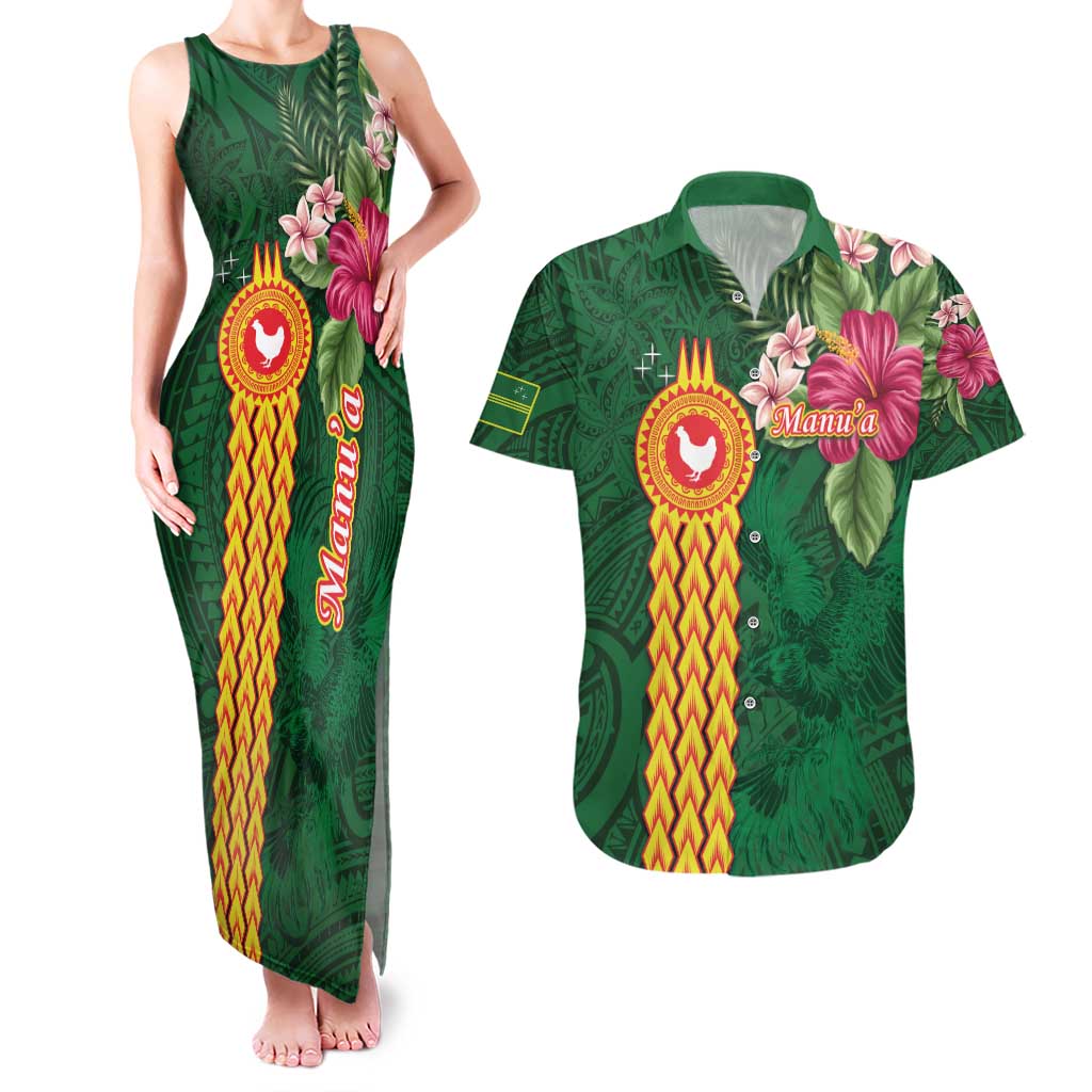 Manuʻa Islands Couples Matching Tank Maxi Dress and Hawaiian Shirt Polynesian Style with Rooster Tattoo and Tropical Plants