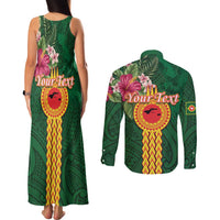 Manuʻa Islands Couples Matching Tank Maxi Dress and Long Sleeve Button Shirt Polynesian Style with Rooster Tattoo and Tropical Plants