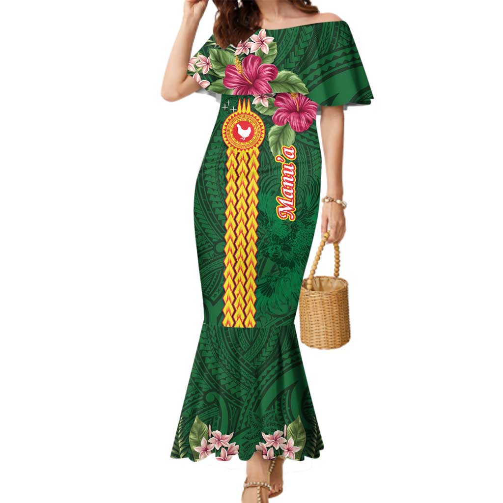 Manuʻa Islands Family Matching Mermaid Dress and Hawaiian Shirt Polynesian Style with Rooster Tattoo and Tropical Plants