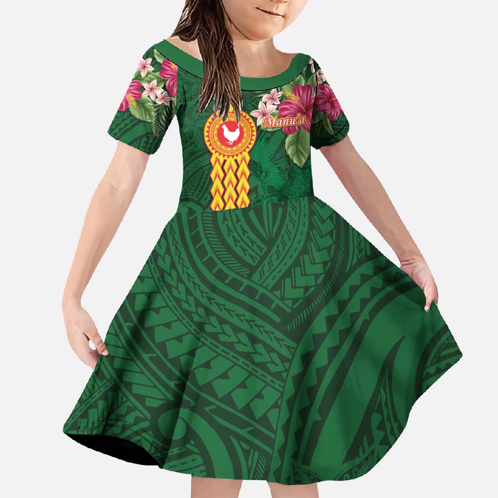 Manuʻa Islands Family Matching Off Shoulder Maxi Dress and Hawaiian Shirt Polynesian Style with Rooster Tattoo and Tropical Plants