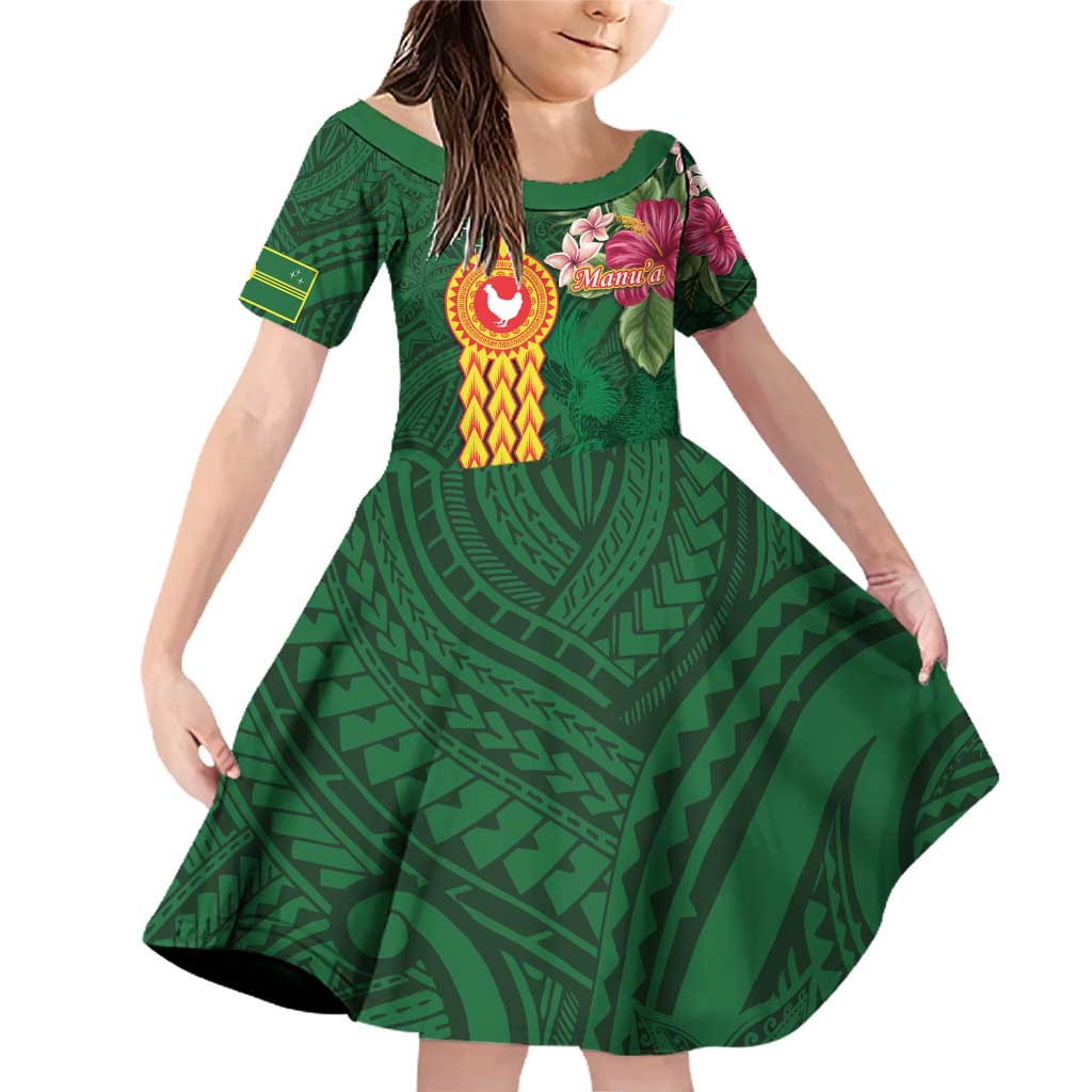 Manuʻa Islands Family Matching Off Shoulder Short Dress and Hawaiian Shirt Polynesian Style with Rooster Tattoo and Tropical Plants