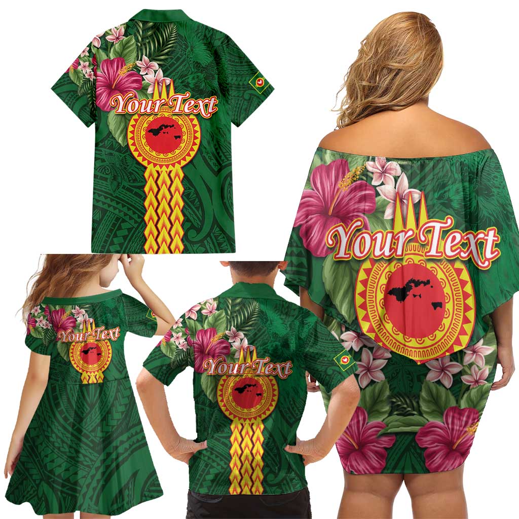 Manuʻa Islands Family Matching Off Shoulder Short Dress and Hawaiian Shirt Polynesian Style with Rooster Tattoo and Tropical Plants