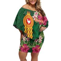 Manuʻa Islands Family Matching Off Shoulder Short Dress and Hawaiian Shirt Polynesian Style with Rooster Tattoo and Tropical Plants