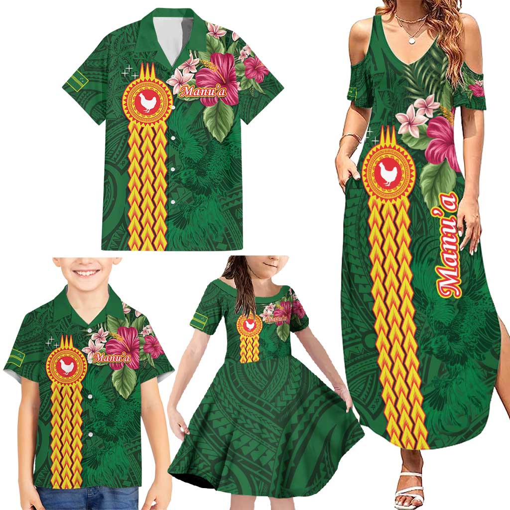 Manuʻa Islands Family Matching Summer Maxi Dress and Hawaiian Shirt Polynesian Style with Rooster Tattoo and Tropical Plants