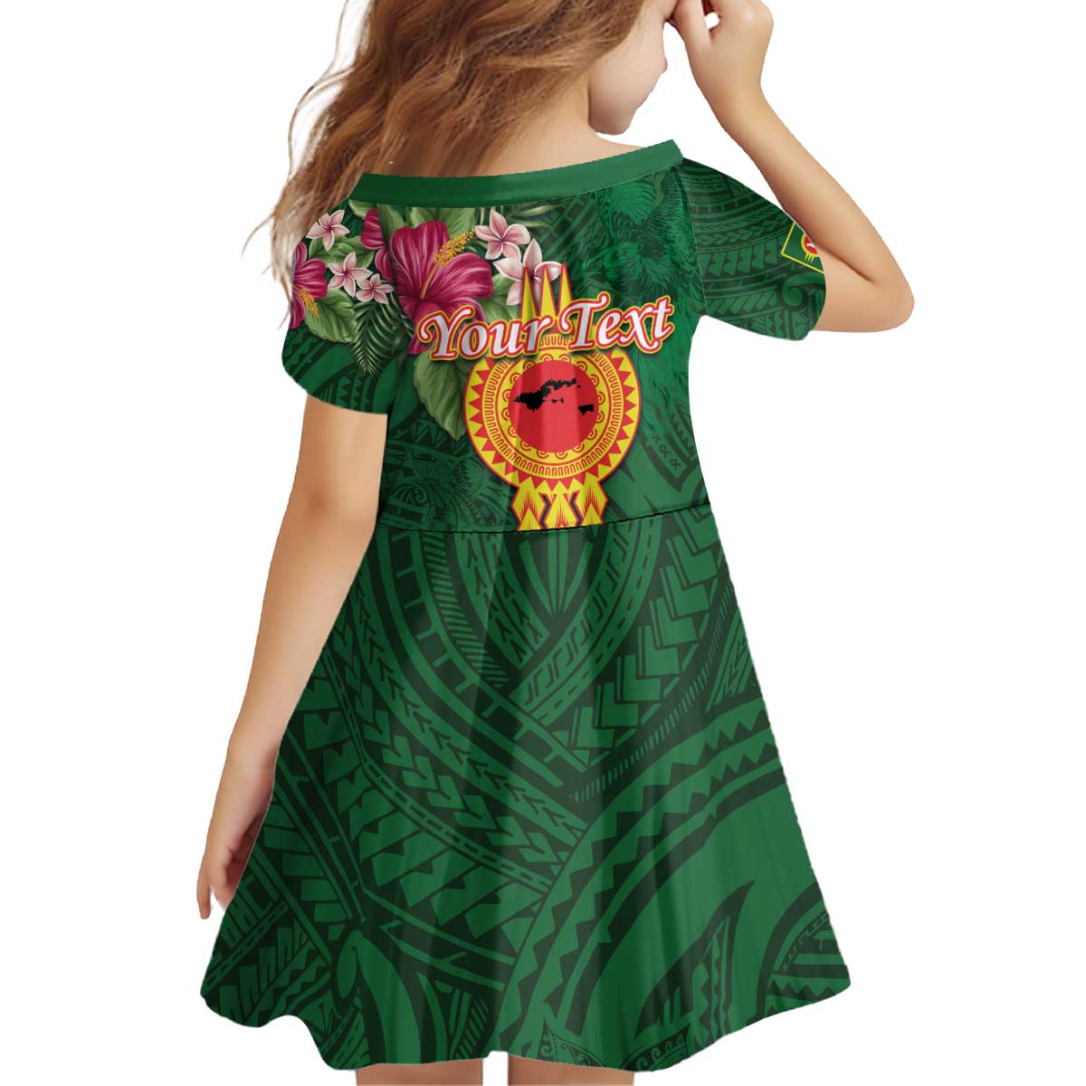 Manuʻa Islands Kid Short Sleeve Dress Polynesian Style with Rooster Tattoo and Tropical Plants