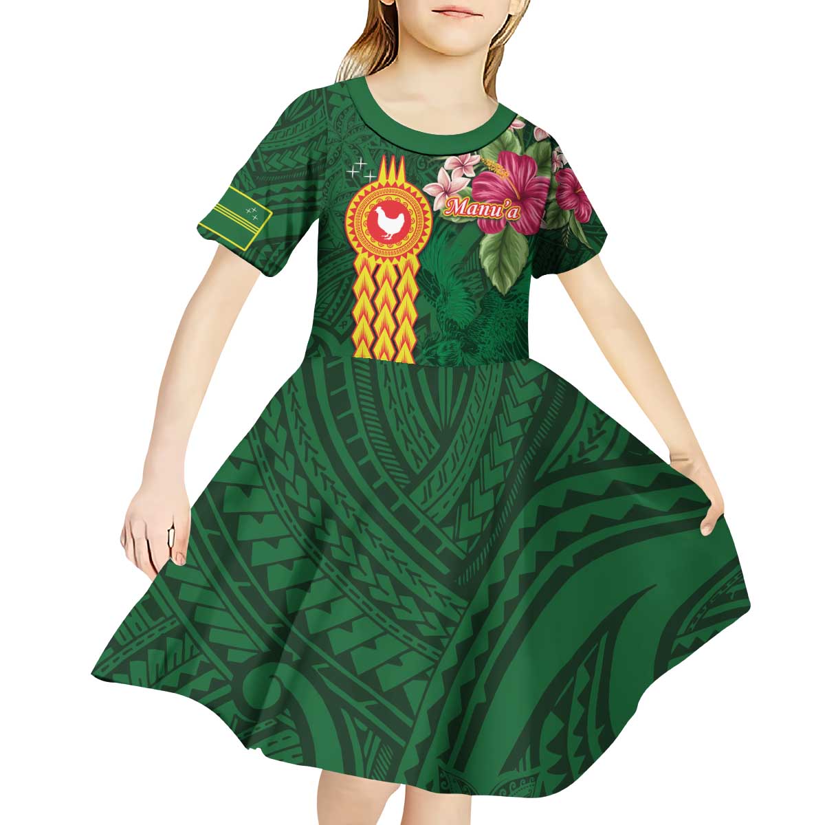 Manuʻa Islands Kid Short Sleeve Dress Polynesian Style with Rooster Tattoo and Tropical Plants
