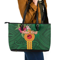 Manuʻa Islands Leather Tote Bag Polynesian Style with Rooster Tattoo and Tropical Plants