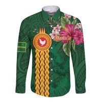 Manuʻa Islands Long Sleeve Button Shirt Polynesian Style with Rooster Tattoo and Tropical Plants