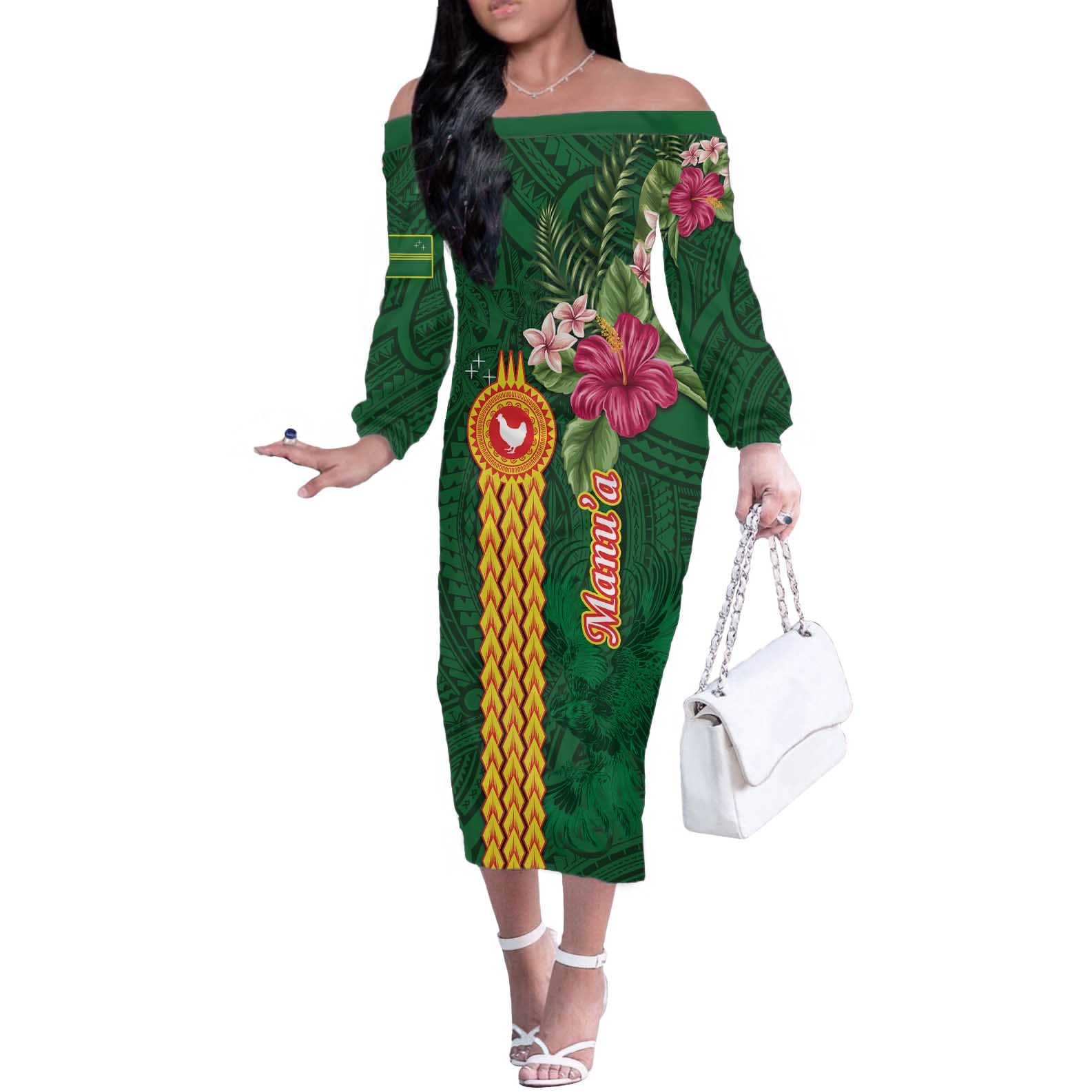 Manuʻa Islands Off The Shoulder Long Sleeve Dress Polynesian Style with Rooster Tattoo and Tropical Plants