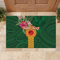 Manuʻa Islands Rubber Doormat Polynesian Style with Rooster Tattoo and Tropical Plants