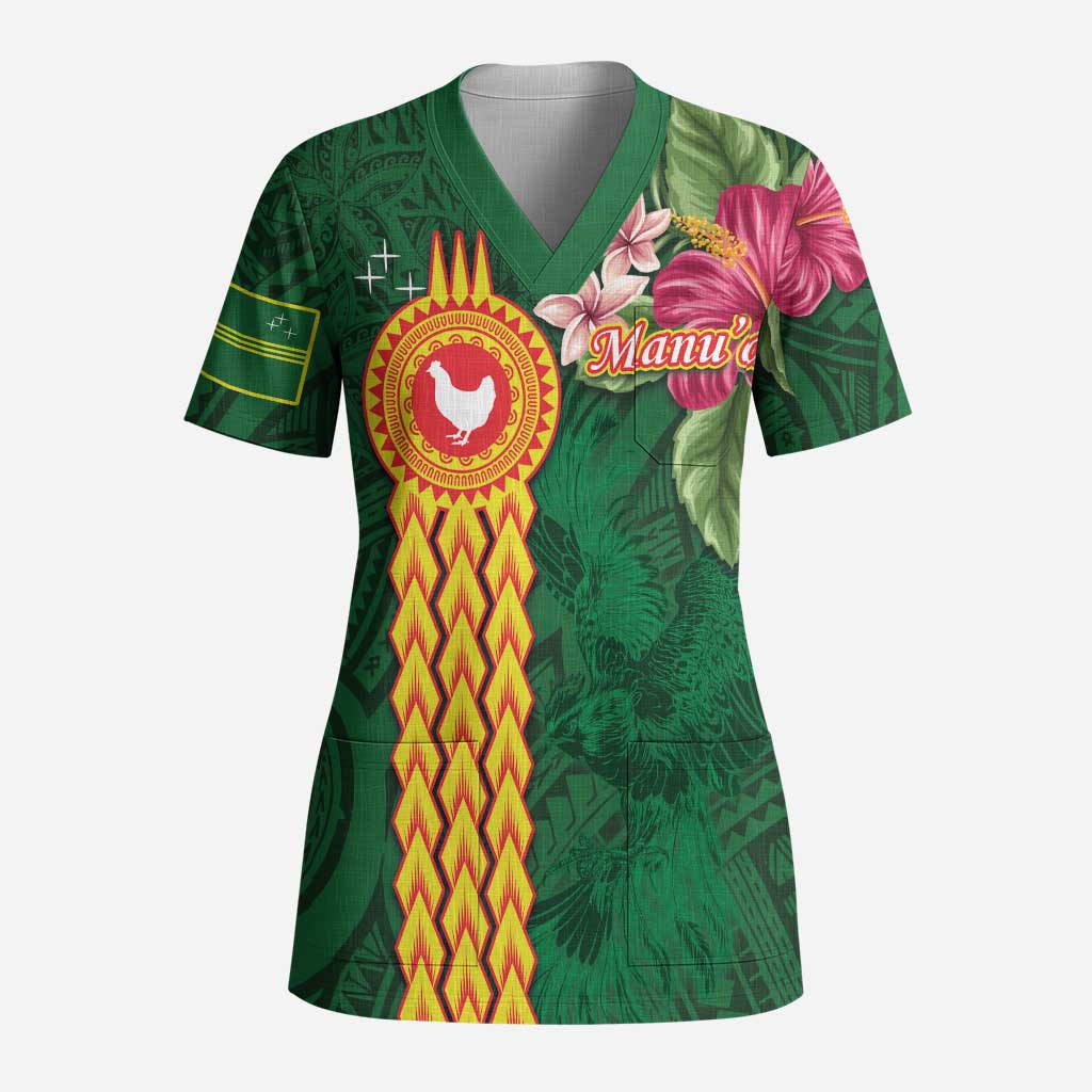 Manuʻa Islands Scrub Top Polynesian Style with Rooster Tattoo and Tropical Plants - Polynesian Pride