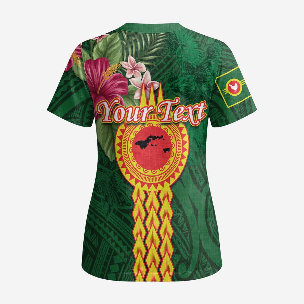 Manuʻa Islands Scrub Top Polynesian Style with Rooster Tattoo and Tropical Plants - Polynesian Pride