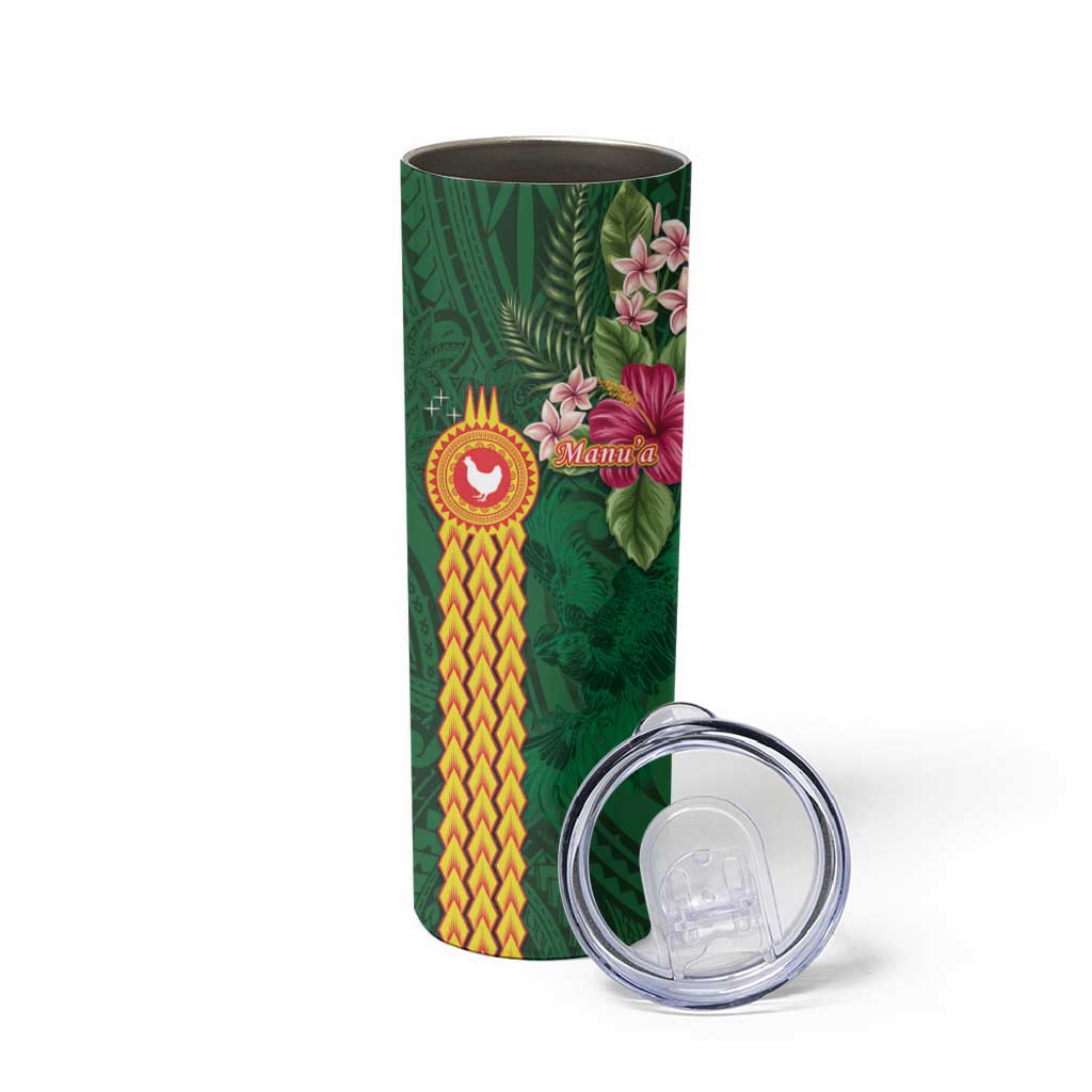 Manu'a Skinny Tumbler Polynesian Style with Rooster Tattoo and Tropical Plants
