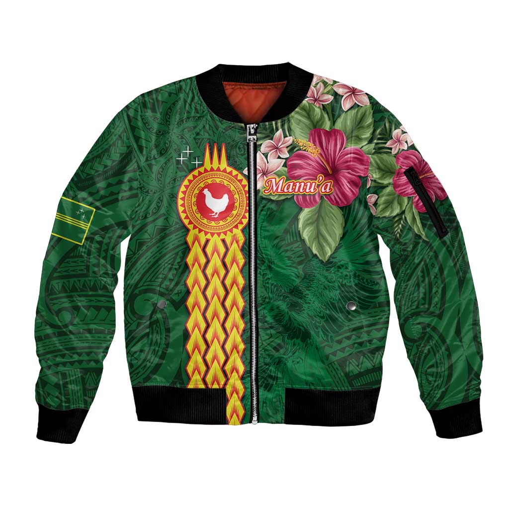 Manuʻa Islands Sleeve Zip Bomber Jacket Polynesian Style with Rooster Tattoo and Tropical Plants