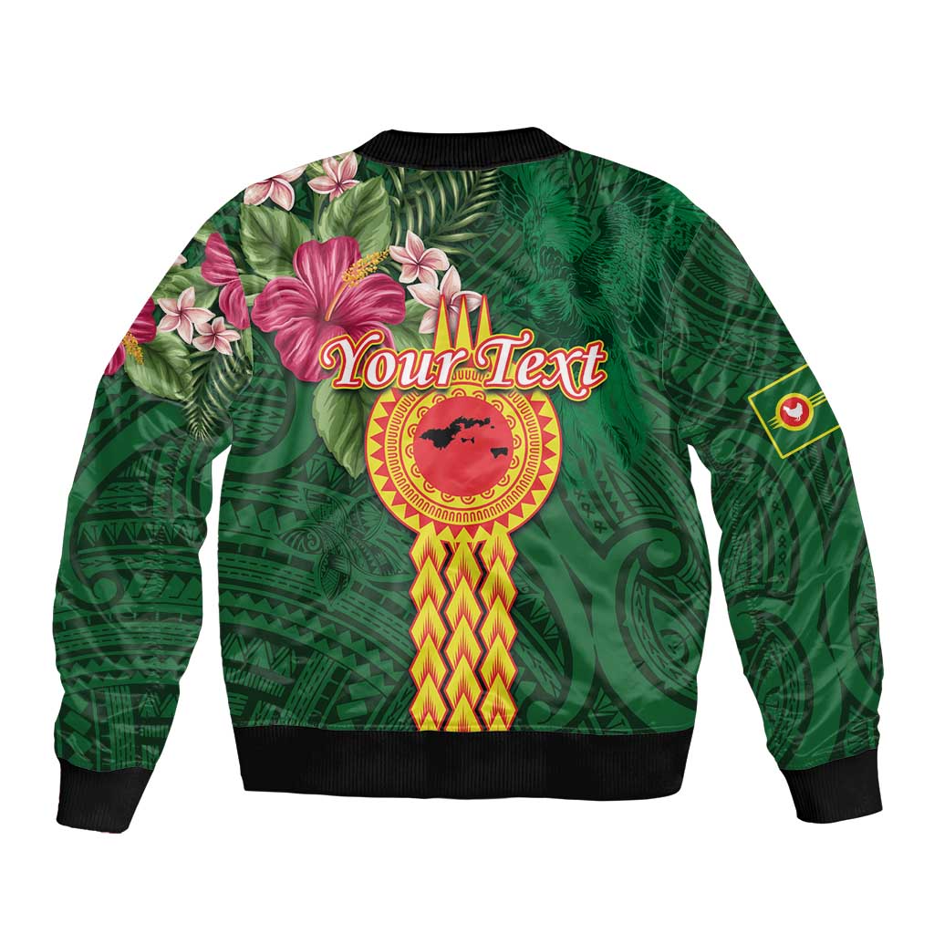 Manuʻa Islands Sleeve Zip Bomber Jacket Polynesian Style with Rooster Tattoo and Tropical Plants