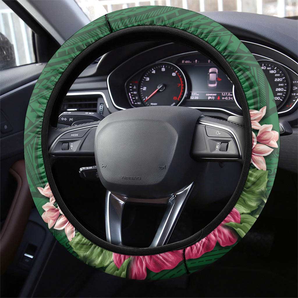 Manuʻa Islands Steering Wheel Cover Polynesian Style with Rooster Tattoo and Tropical Plants