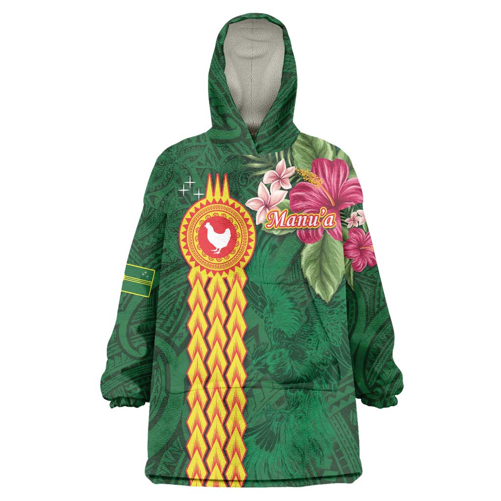 Manuʻa Islands Wearable Blanket Hoodie Polynesian Style with Rooster Tattoo and Tropical Plants