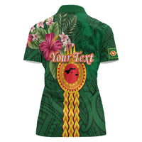 Manuʻa Islands Women Polo Shirt Polynesian Style with Rooster Tattoo and Tropical Plants
